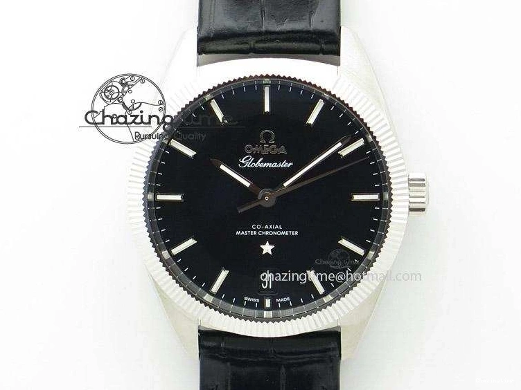 0410 Elegant Globemaster Master Chronometer SS V6F Best Edition Black Dial On Black Leather Strap A 8268